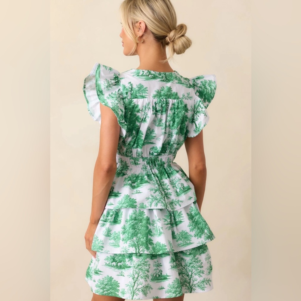 Prosperina Bridget Eden Green Toile Cotton Ruffle Mini Dress - Picture 4 of 4